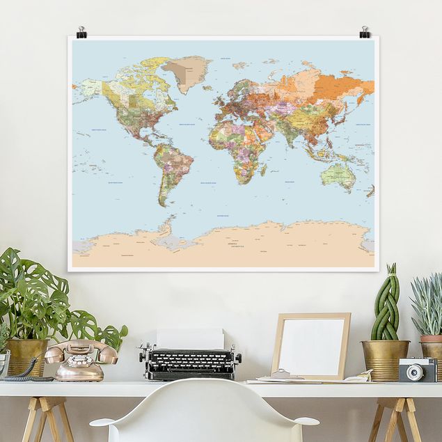 Wanddeko bunt Politische Weltkarte