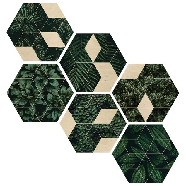Wanddeko Esszimmer Grüne Blätter Geometrie Set II