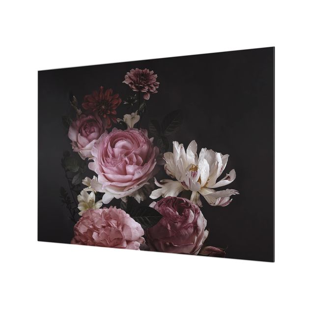 Glas Spritzschutz - Rosa Blumen auf Schwarz - Querformat - 4:3