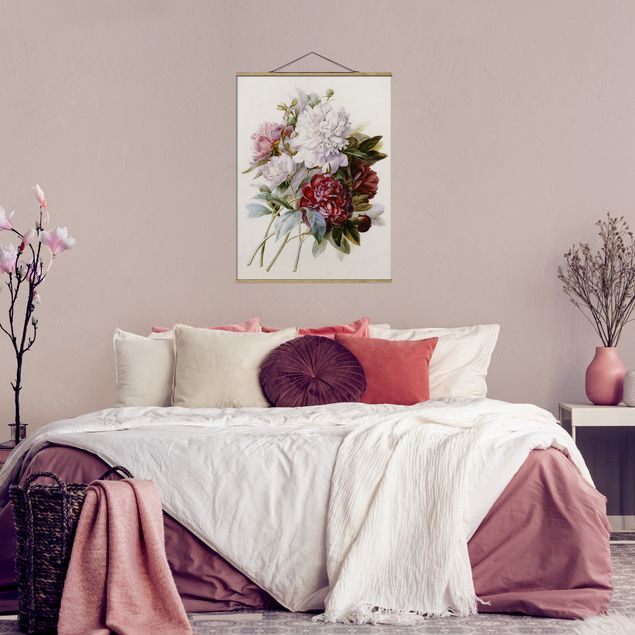 Wanddeko Schlafzimmer Pierre Joseph Redouté - Strauß von roten, lila und weissen Pfingstrosen