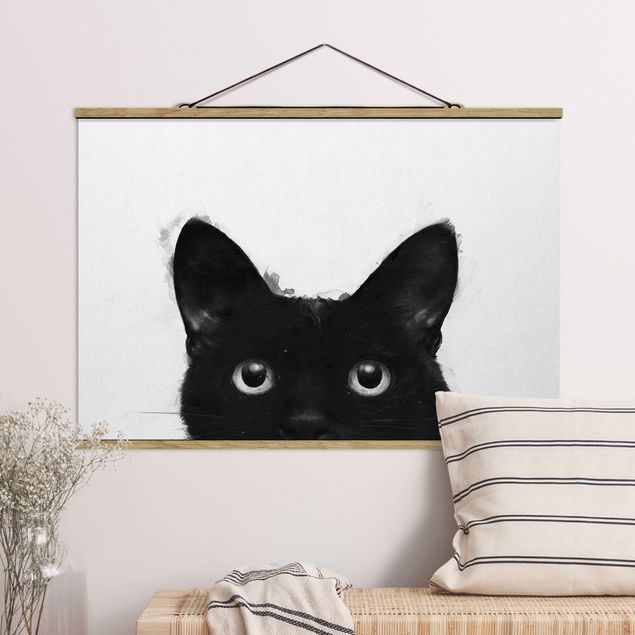 Wanddeko Wohnzimmer Illustration Schwarze Katze auf Weiß Malerei