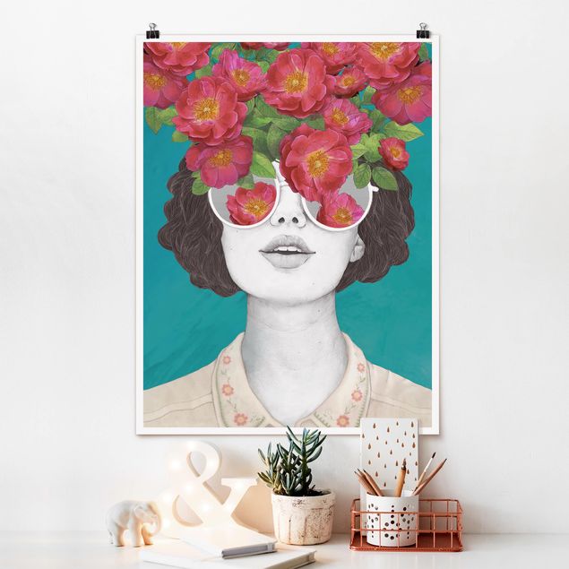 Wanddeko Schlafzimmer Illustration Portrait Frau Collage mit Blumen Brille