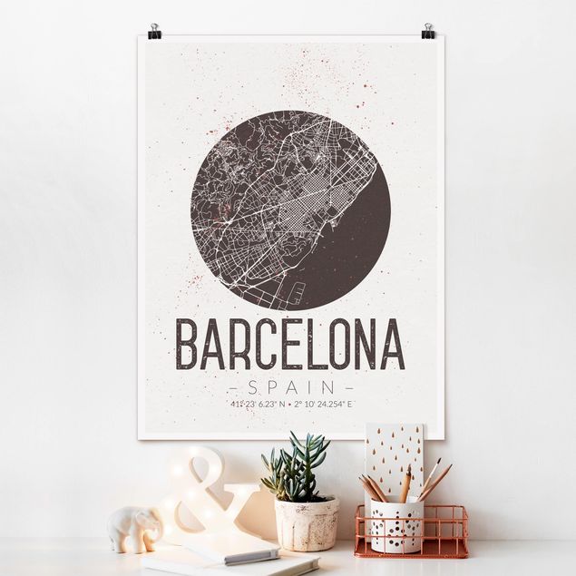 Wanddeko braun Stadtplan Barcelona - Retro