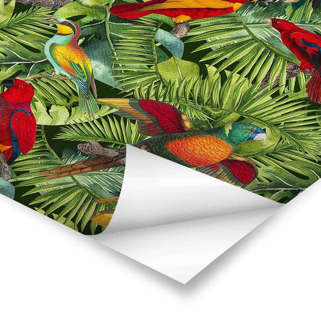 Wanddeko Treppenhaus Bunte Collage - Papageien im Dschungel
