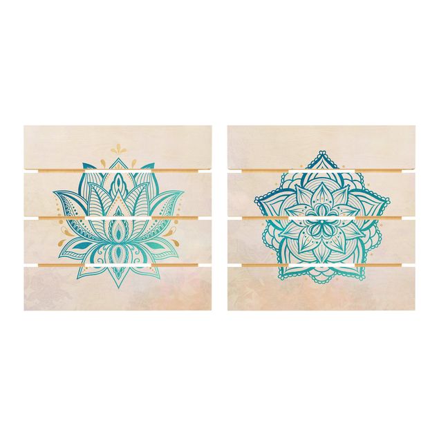 Wanddeko Büro Mandala Hamsa Hand Lotus Set gold blau