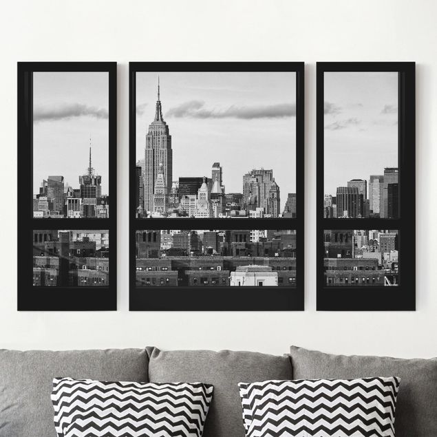 Wanddeko Wohnzimmer Fensterblick New York Skyline schwarz weiß