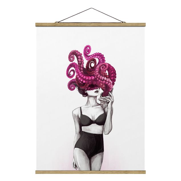 Wanddeko Flur Illustration Frau in Unterwäsche Schwarz Weiß Oktopus