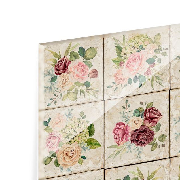 Glasrückwand Küche Blumen Vintage Rosen und Hortensien