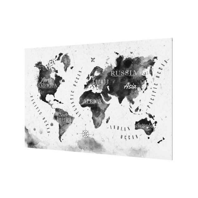 Wanddeko Schwarz & Weiß Weltkarte Aquarell schwarz