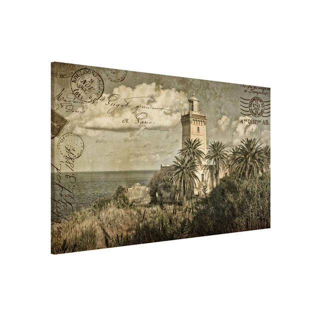 Wanddeko Flur Vintage Postkarte mit Leuchtturm und Palmen
