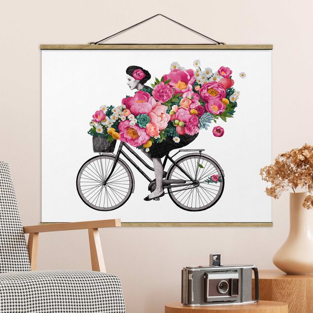 Wanddeko Wohnzimmer Illustration Frau auf Fahrrad Collage bunte Blumen