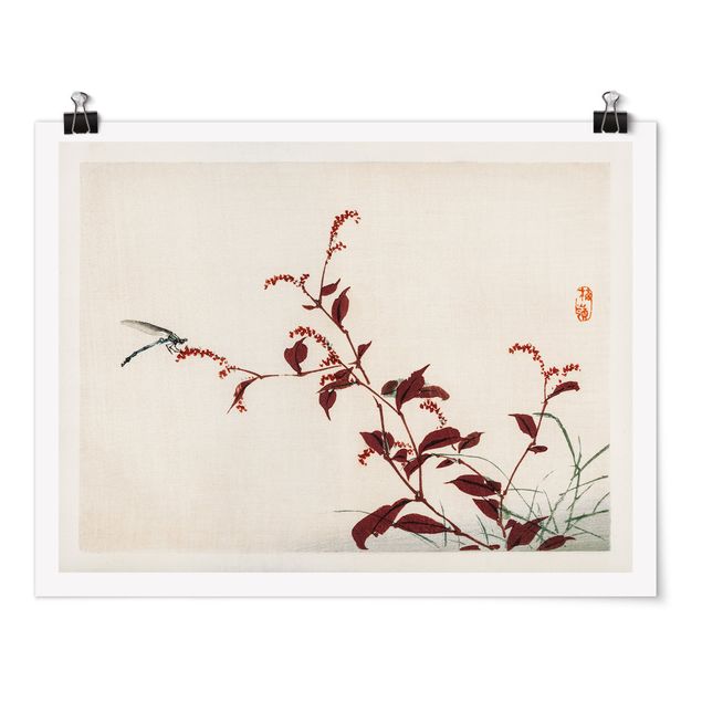 Wanddeko Büro Asiatische Vintage Zeichnung Roter Zweig mit Libelle