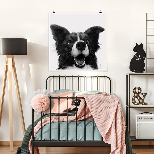 Wanddeko Schlafzimmer Illustration Hund Border Collie Schwarz Weiß Malerei