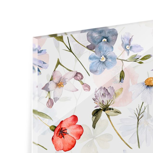 Glasrückwand Küche Blumen Aquarellierter Mohn mit Kleeblatt