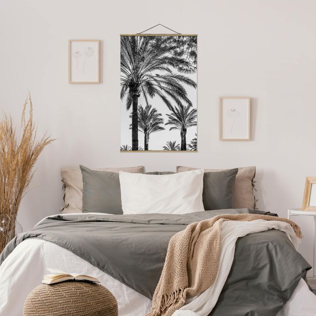Wanddeko Schlafzimmer Palmen im Sonnenuntergang Schwarz-Weiß