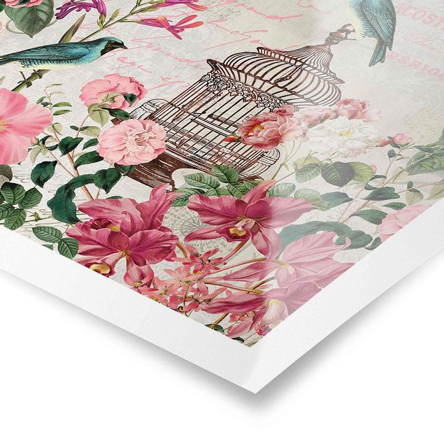 Wanddeko rosa Shabby Chic Collage - Rosa Blüten und blaue Vögel