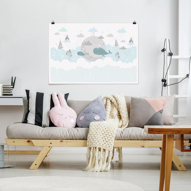 Wandbilder Fische Wolken mit Wal und Schloss
