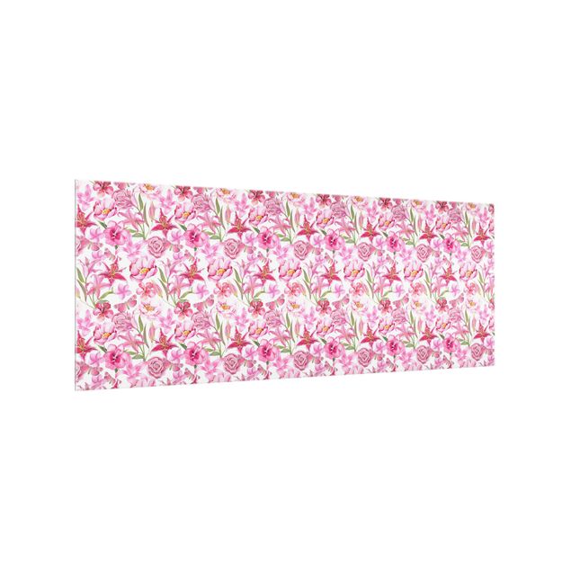 Wanddeko Blumen Pinke Blumen mit Schmetterlingen