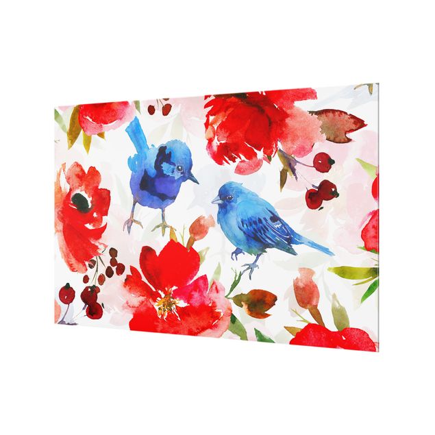 Wohndeko Illustration Aquarellierte Vögel in Blau mit Rosen