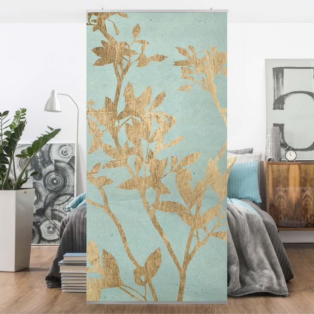 Wanddeko Esszimmer Goldene Blätter auf Turquoise II