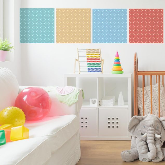 Wanddeko Babyzimmer 4 Pastell-Farben mit weißen Punkten - Türkis Blau Gelb Rot