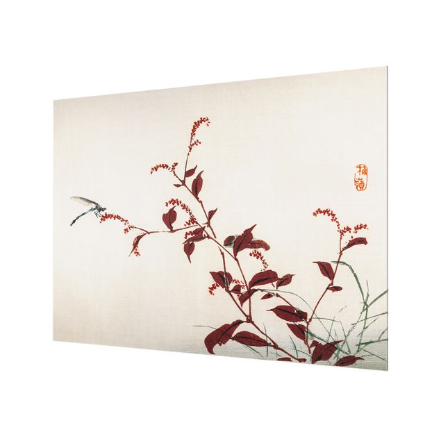 Deko Vintage Asiatische Vintage Zeichnung Roter Zweig mit Libelle