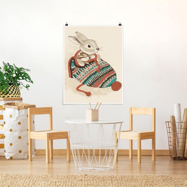Wanddeko Flur Illustration Kuschelnder Hase in Mütze