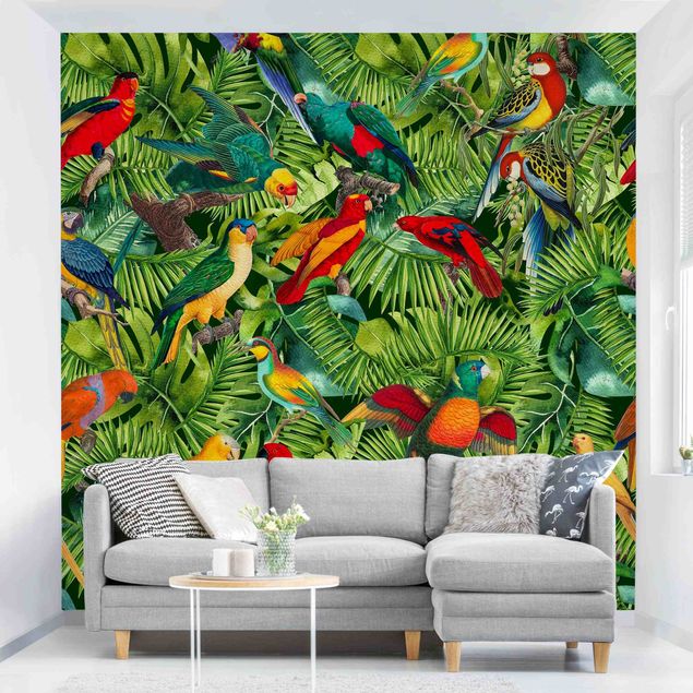 Tapete selbstklebend - Bunte Collage - Papageien im Dschungel - Fototapete Quadrat