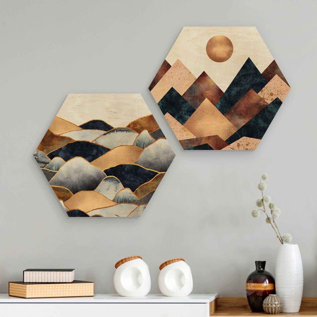 Wanddeko Schlafzimmer Geometrische & Goldene Berge Aquarell