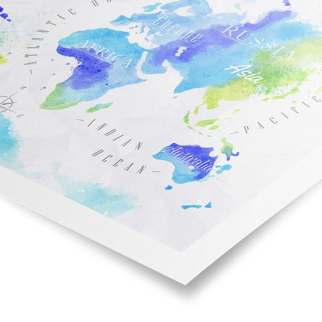 Wanddeko Büro Weltkarte Aquarell blau grün
