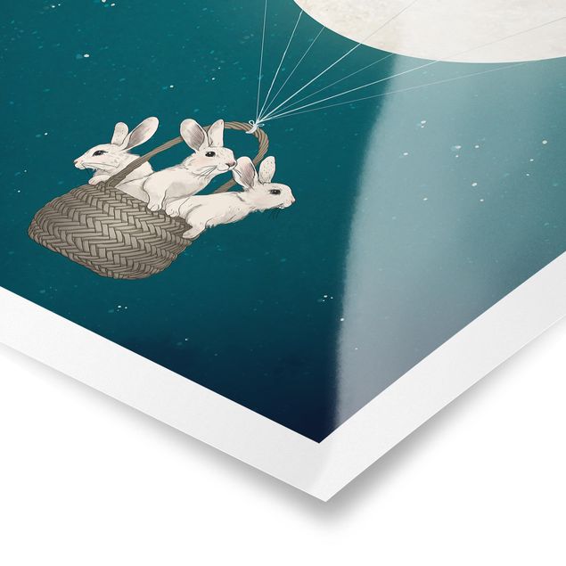 Wanddeko Treppenhaus Illustration Hasen Mond-Heißluftballon Sternenhimmel