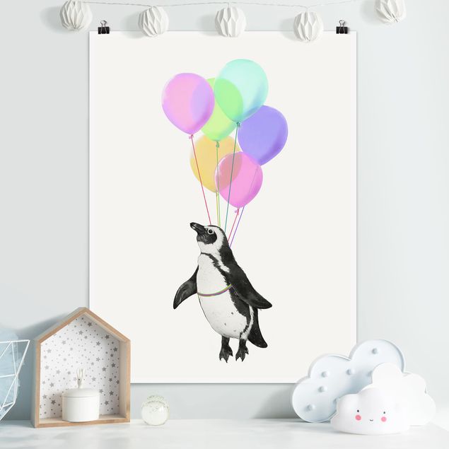 Wanddeko Schlafzimmer Illustration Pinguin Pastell Luftballons