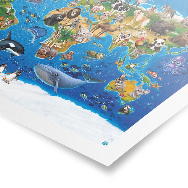 Wanddeko Jungenzimmer Weltkarte mit Tieren
