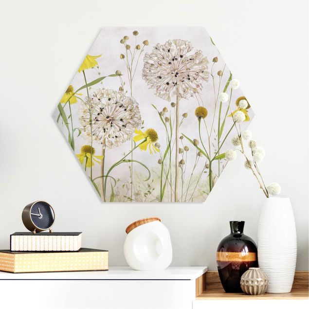 Wanddeko beige Allium und Helenium Illustration