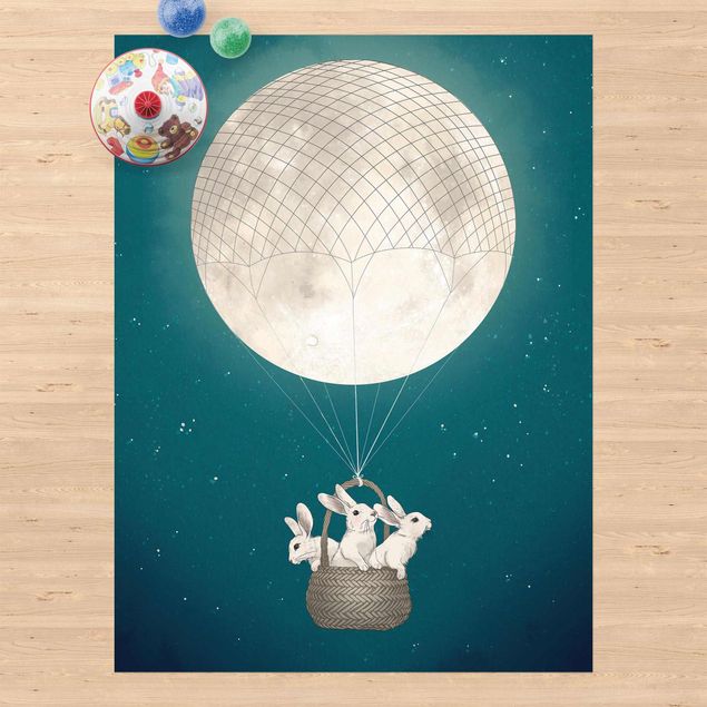 Wanddeko Büro Illustration Hasen Mond-Heißluftballon Sternenhimmel