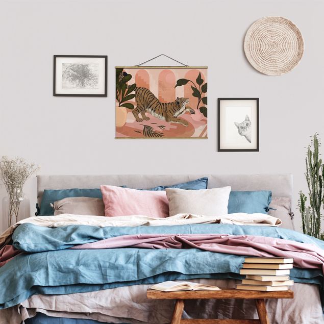 Wanddeko Schlafzimmer Illustration Tiger in Pastell Rosa Malerei