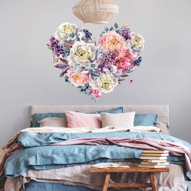 Wanddeko Schlafzimmer Aquarell Herz Blüten Bouquet XXL