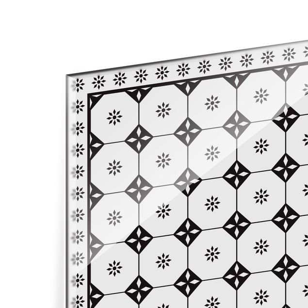 Glasrückwand Küche Muster Geometrische Fliesen Landhaus Schwarz Weiß mit Bordüre