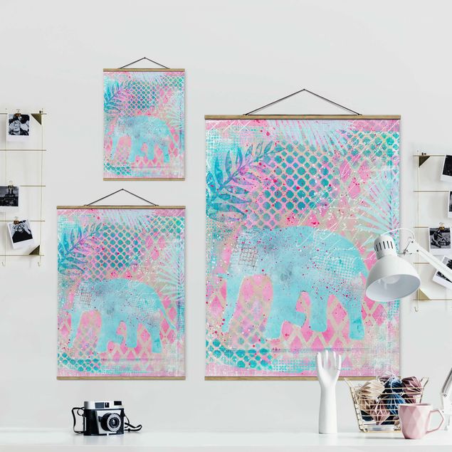 Wanddeko Esszimmer Bunte Collage - Elefant in Blau und Rosa
