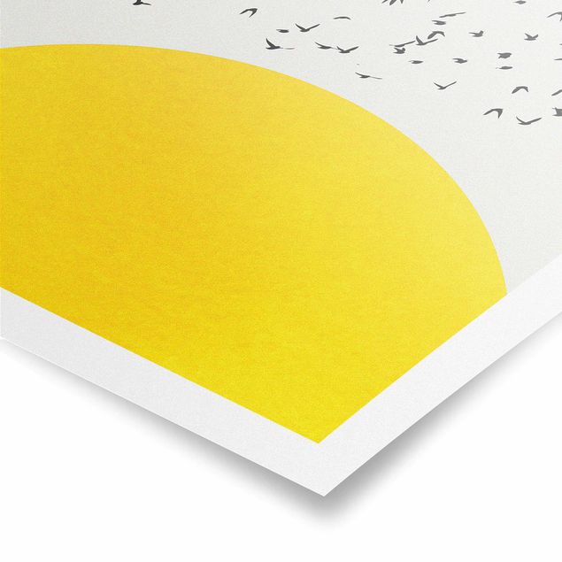 Wanddeko Büro Vogelschwarm vor gelber Sonne