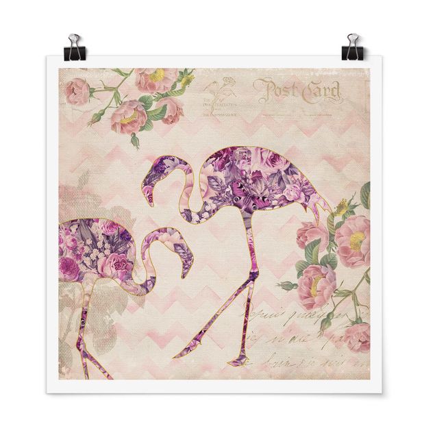 Wanddeko Esszimmer Vintage Collage - Rosa Blüten Flamingos
