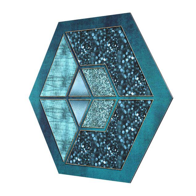 Wanddeko Treppenhaus Blaues Hexagon mit Goldkontur