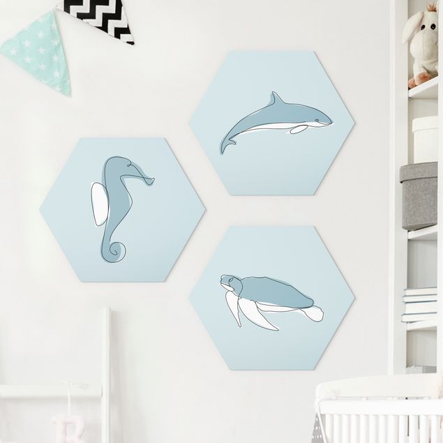 Wanddeko blau Delfin Schildkröte Seepferdchen Line Art