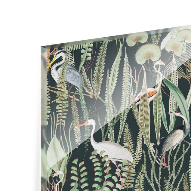 Deko Tropisch Flamingos und Störche mit Pflanzen auf Grün