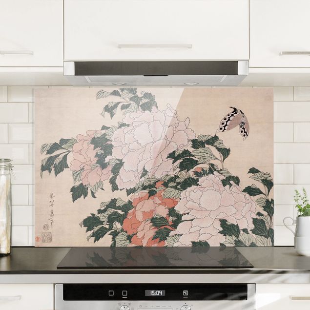 Küche Dekoration Katsushika Hokusai - Rosa Pfingstrosen mit Schmetterling