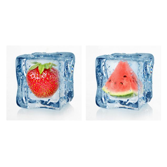 Wanddeko Obst Erdbeere und Melone im Eiswürfel
