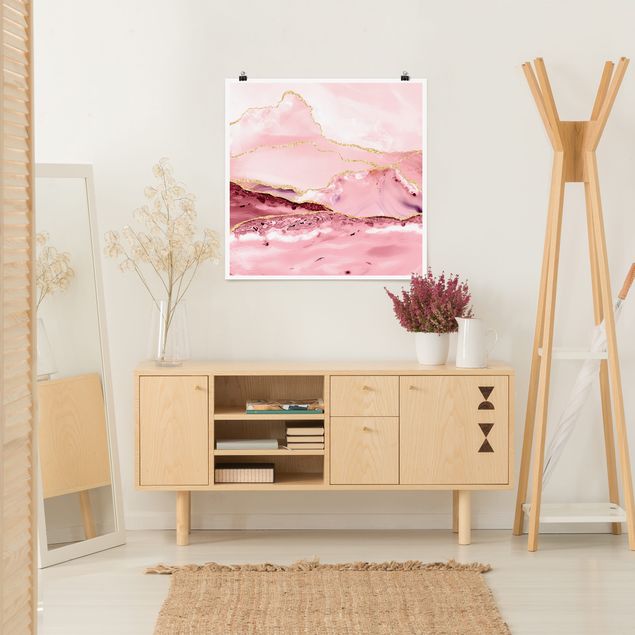 Wanddeko Esszimmer Abstrakte Berge Rosa mit Goldene Linien