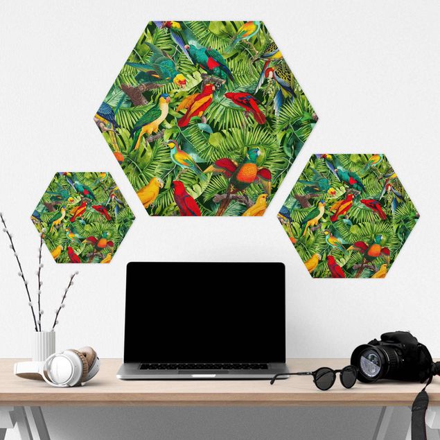 Wanddeko über Bett Bunte Collage - Papageien im Dschungel