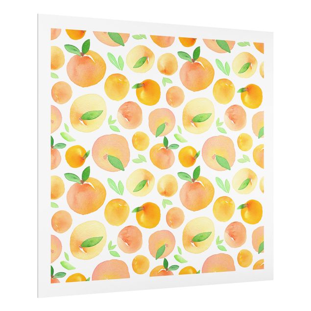 Wohndeko Obst Aquarell Orangen mit Blättern in weißem Rahmen