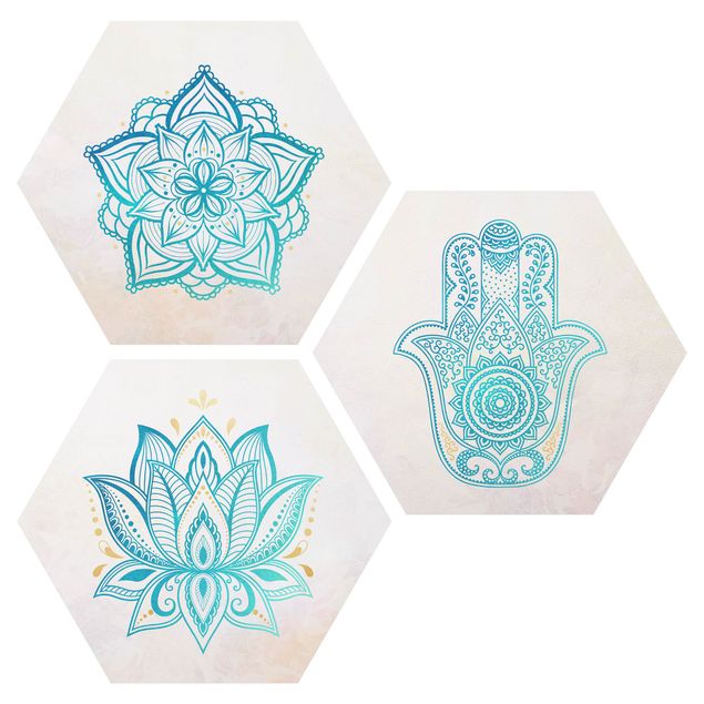 Wanddeko Büro Mandala Hamsa Hand Lotus Set Gold Blau
